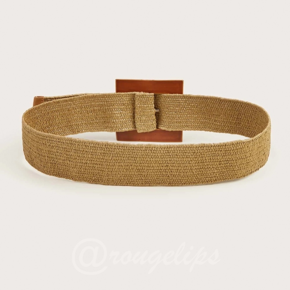 Camel Straw Woven Belt Square Buckle - Picture 4 of 7